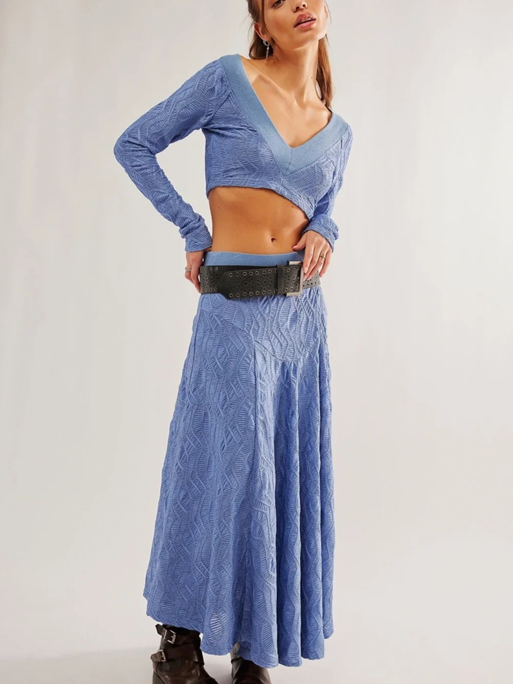 Free People Textured Cropped Long-Sleeve Top - Periwinkle Blue New Size Small